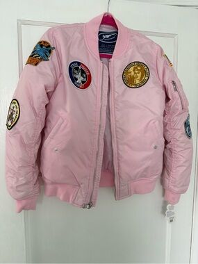 cloud island Pink Puffer Bomber Jacket with Patch Details